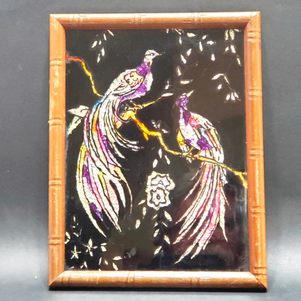 Two Peacocks Framed Foil Art Colored Foil Backed Painted Glass 7x9"
